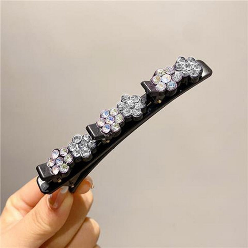 Pretty Braided Hair Clips -Sparkling Crystal Flowers