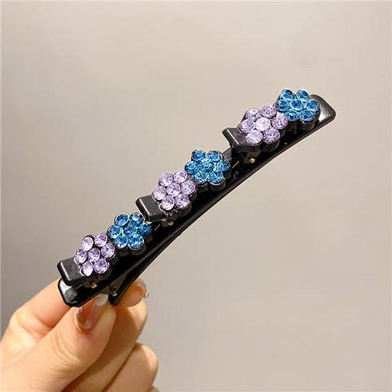 Pretty Braided Hair Clips -Sparkling Crystal Flowers