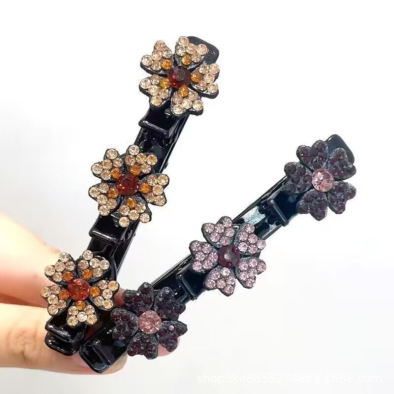 Pretty Braided Hair Clips -Sparkling Crystal Flowers