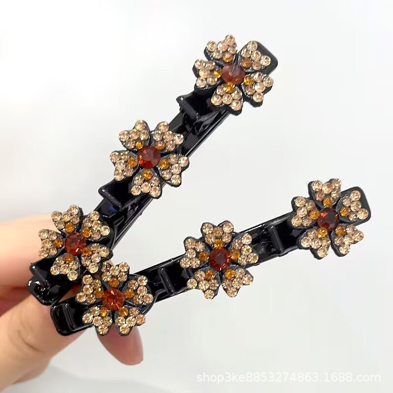 Pretty Braided Hair Clips -Sparkling Crystal Flowers