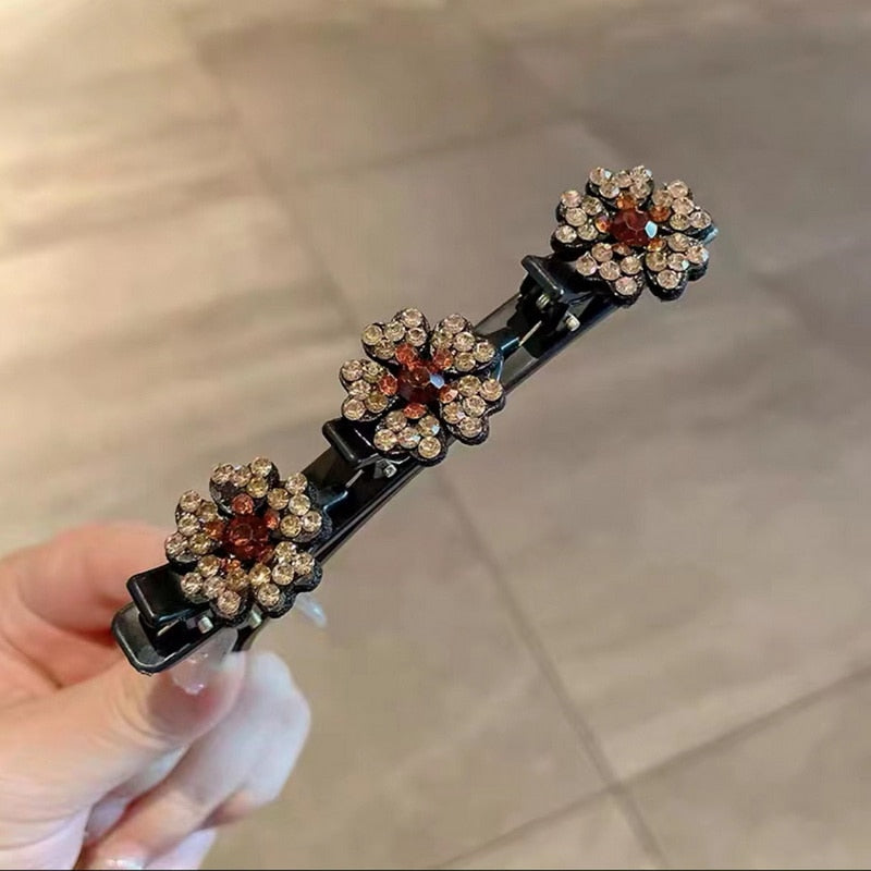 Pretty Braided Hair Clips -Sparkling Crystal Flowers