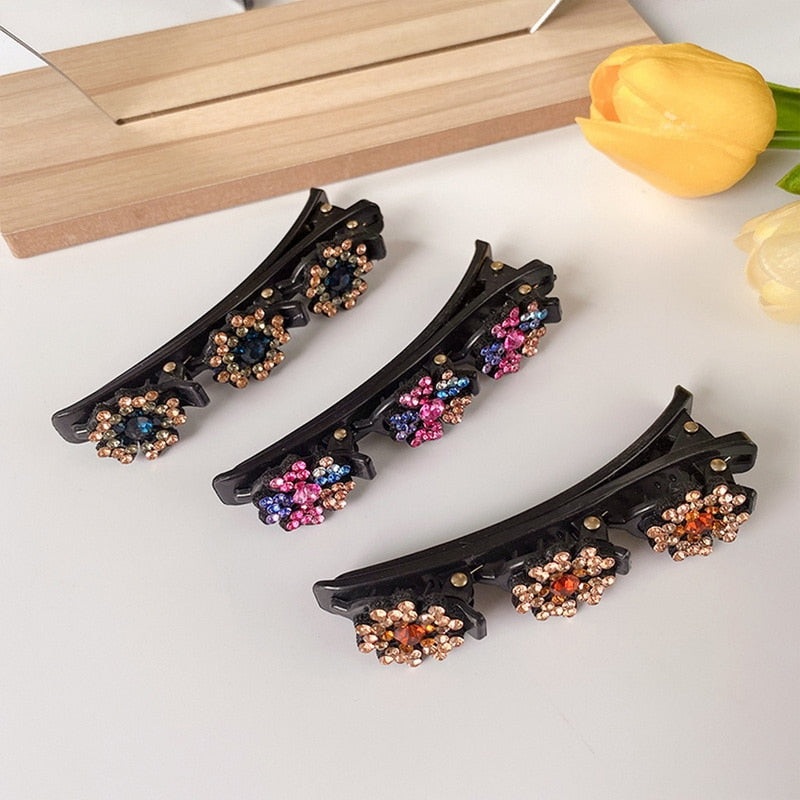 Pretty Braided Hair Clips -Sparkling Crystal Flowers