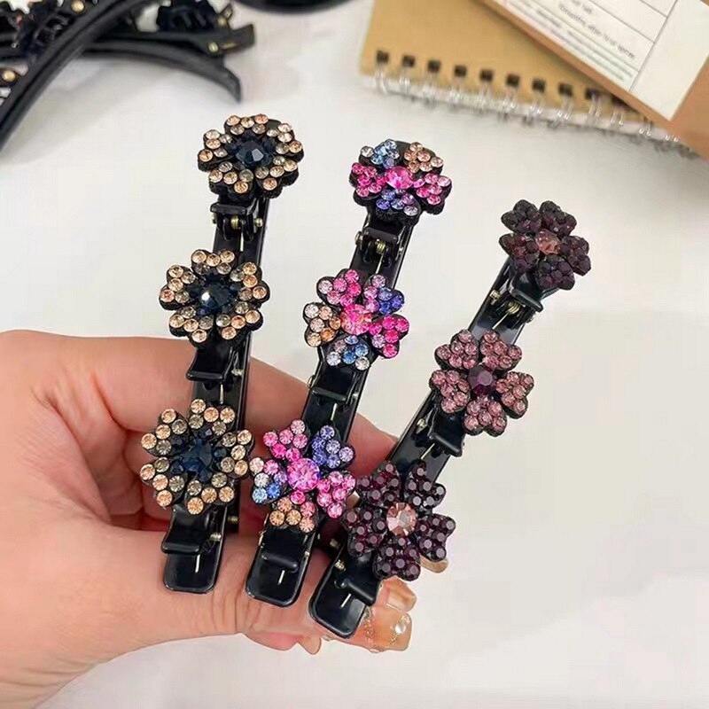 Pretty Braided Hair Clips -Sparkling Crystal Flowers