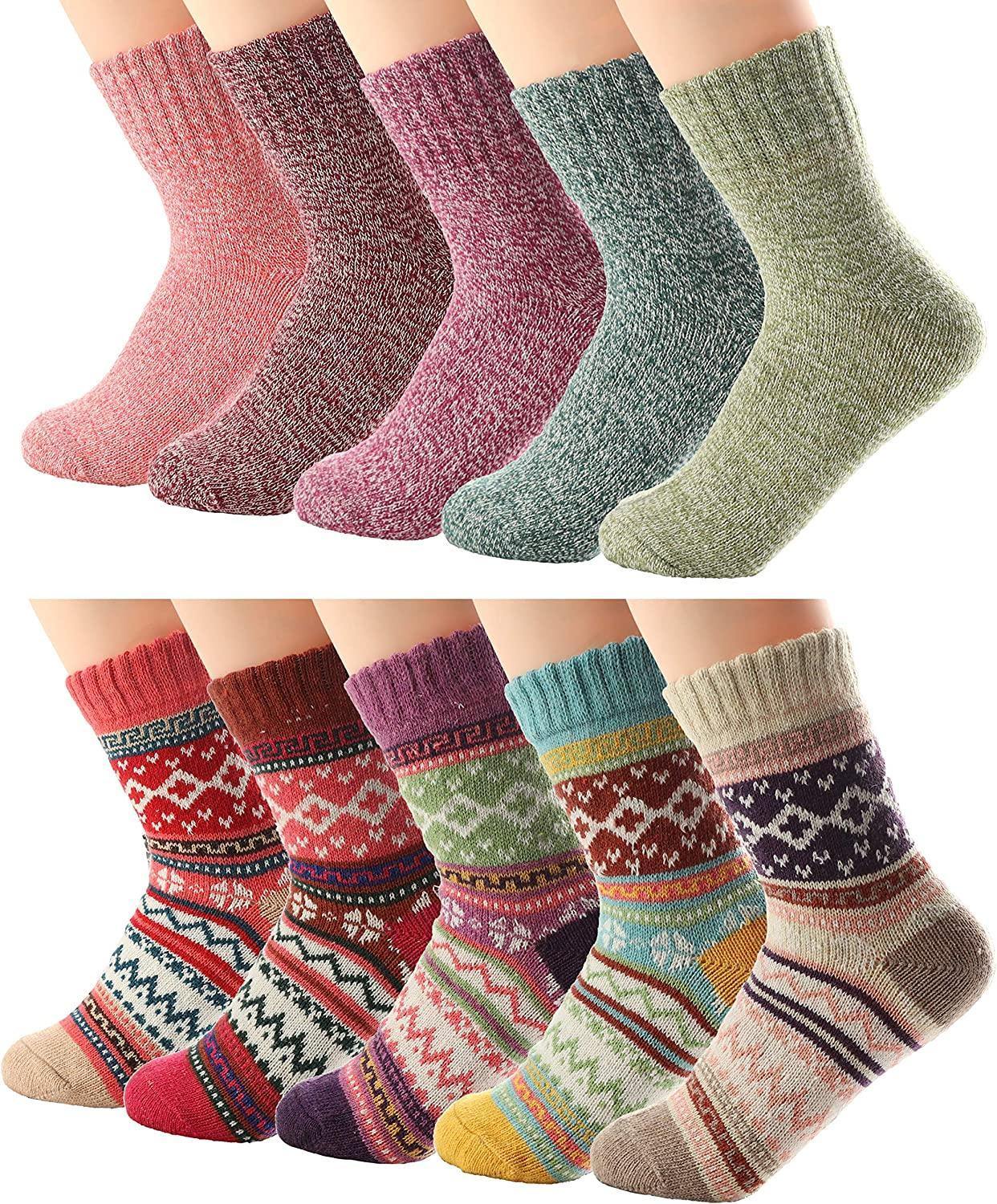 10 Pairs Womens Winter Wool Knit Socks - Soft Warm Cozy Thick Vintage Casual Crew Socks Gifts