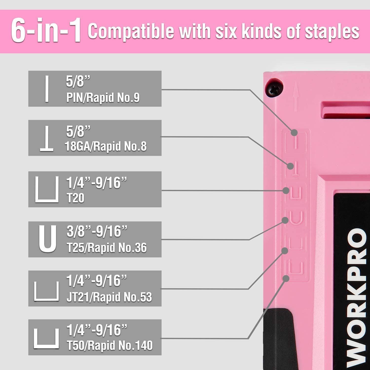 WORKPRO 6-in-1 Manual Brad Nailer Upholstery Stapler Nail Gun - Pink Ribbon