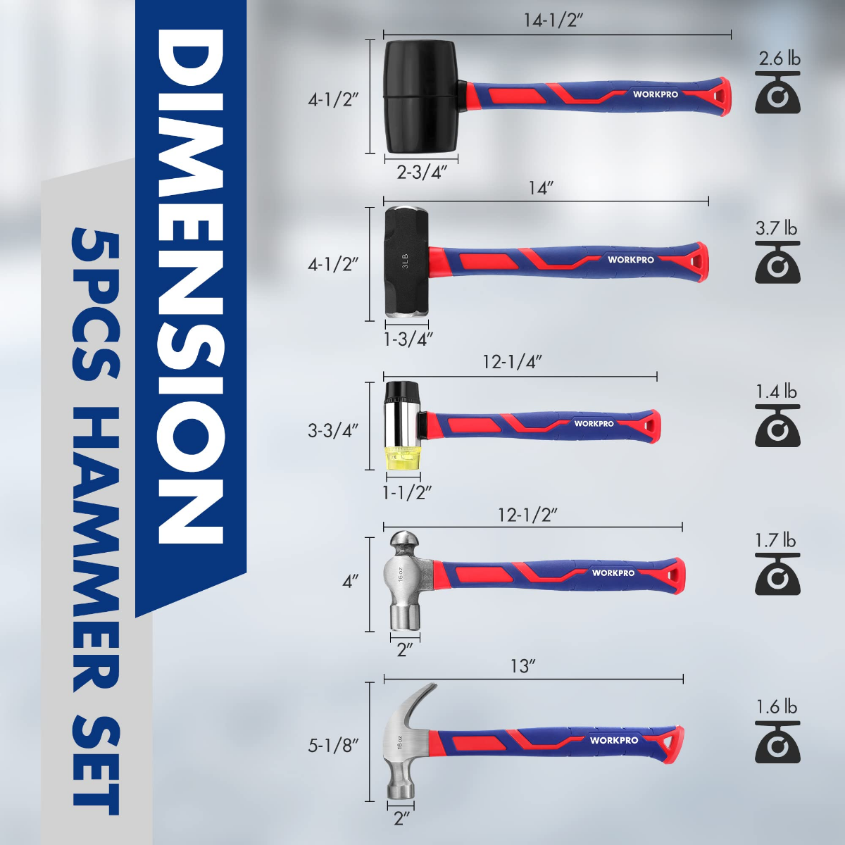 WORKPRO 5 Pcs Hammer Set