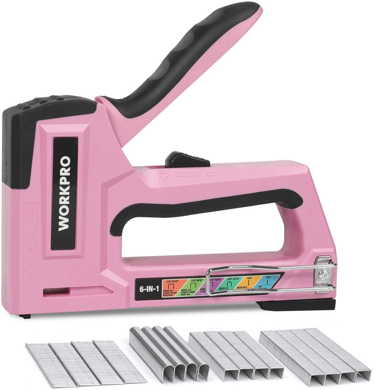 WORKPRO 6-in-1 Manual Brad Nailer Upholstery Stapler Nail Gun - Pink Ribbon