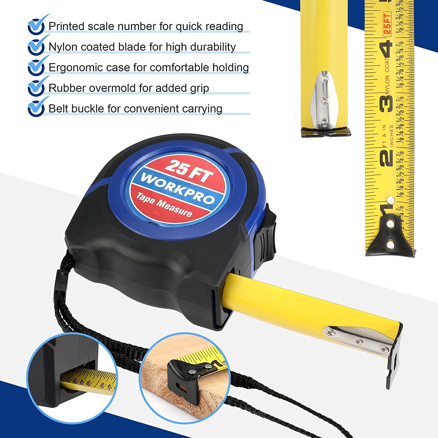 WORKPRO Tape Measure 25 FT, Tape Measure with Fractions Every 1/8
