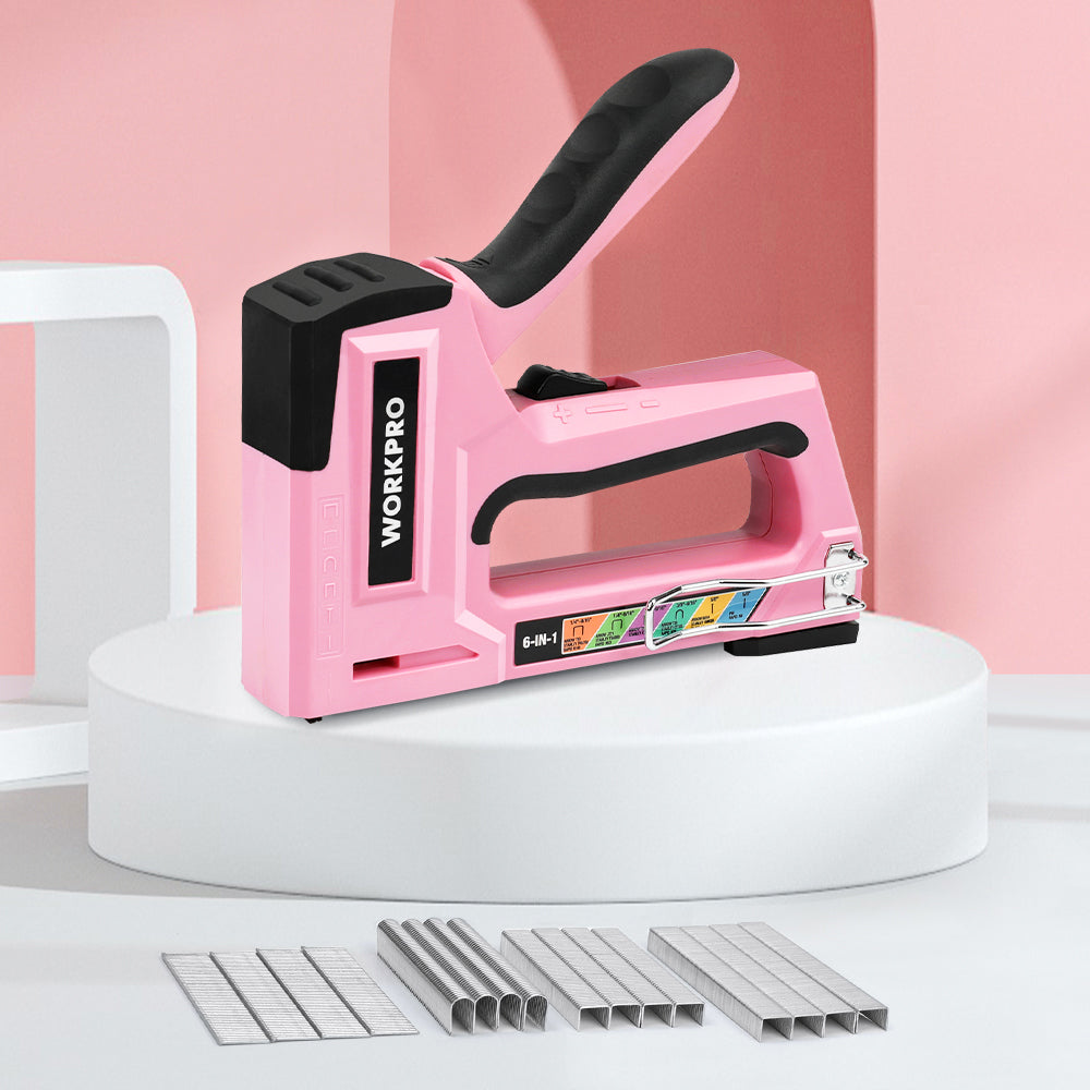 WORKPRO 6-in-1 Manual Brad Nailer Upholstery Stapler Nail Gun - Pink Ribbon