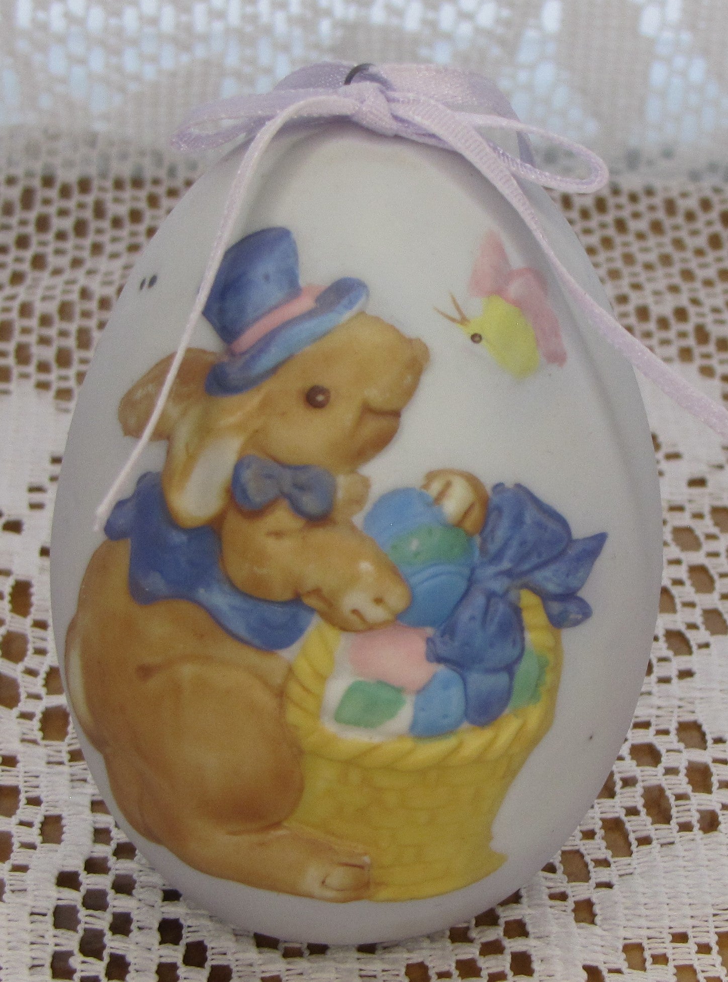 Vintage Porcelain Egg; Easter Theme With Bunny and Basket on Matte Finish