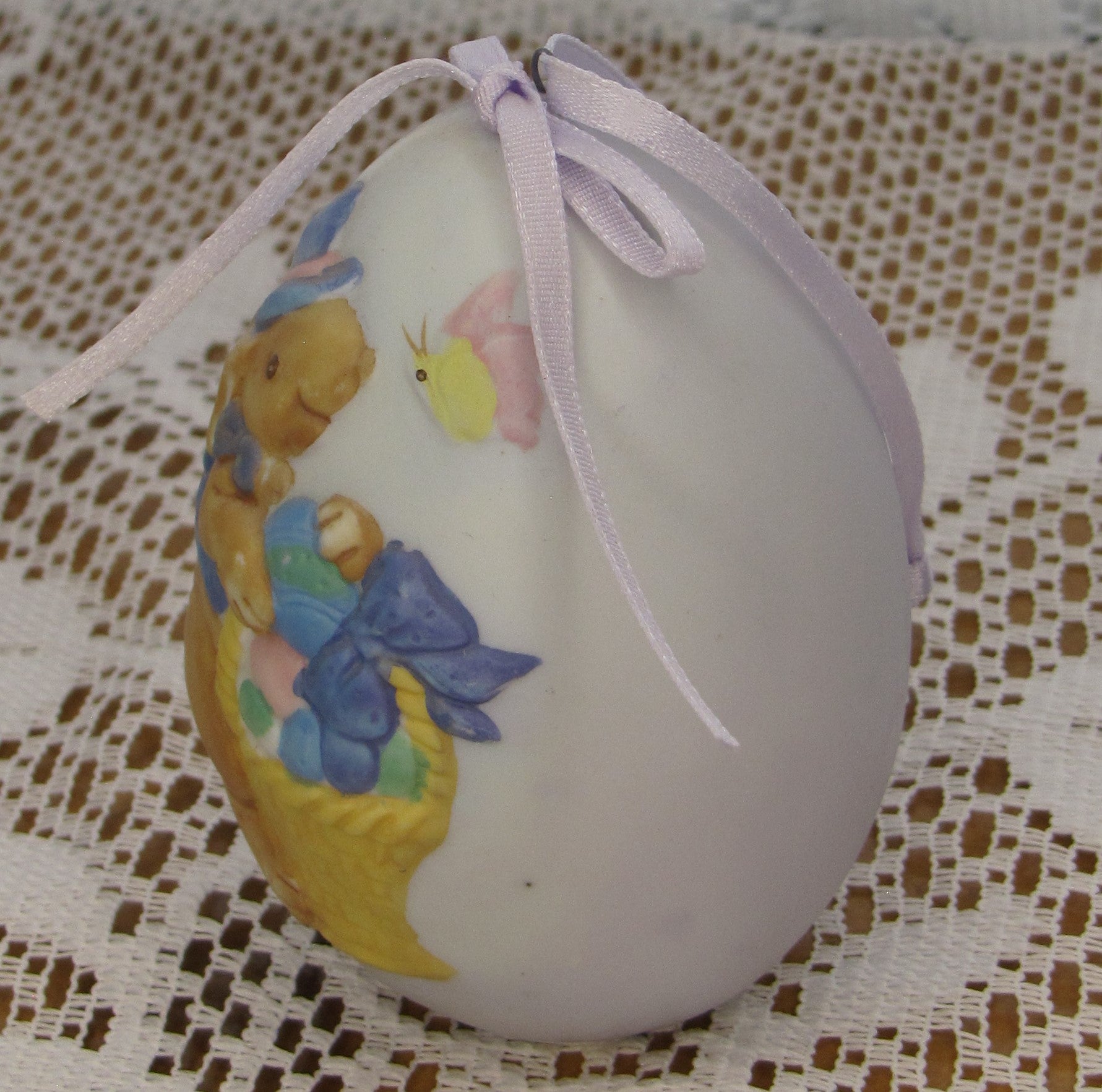 Vintage Porcelain Egg; Easter Theme With Bunny and Basket on Matte Finish