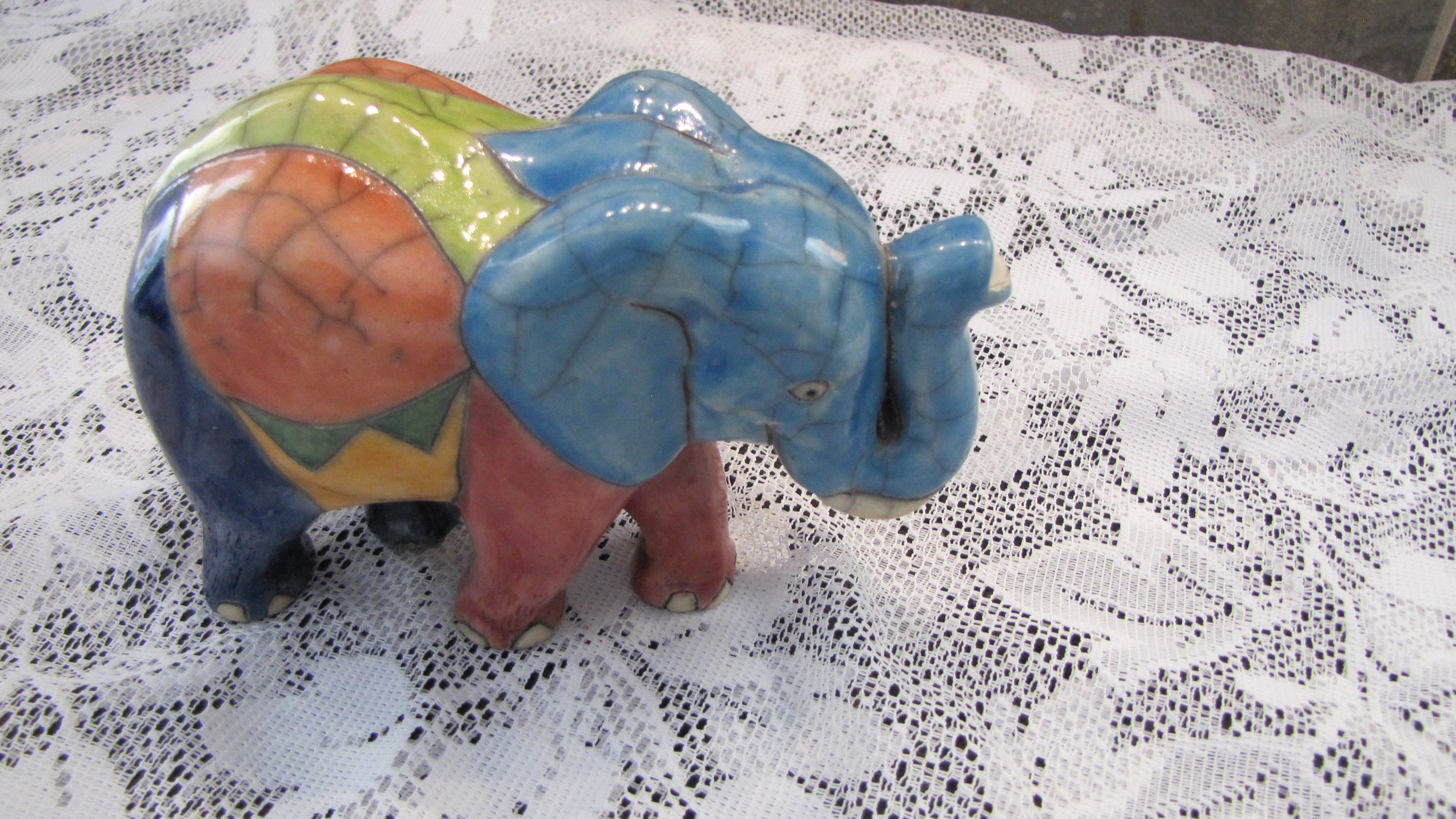 Vintage; Handcrafted Raku Fired Clay Elephant, made in South Africa