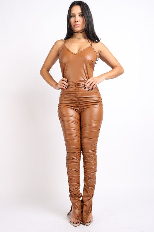 Ruched front detailed matte pu jumpsuit