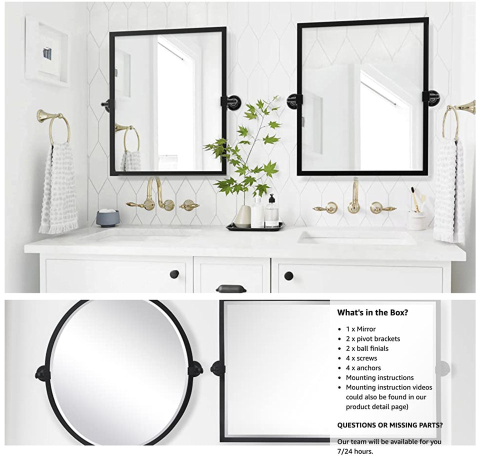 TEHOME 22 x 26 inch Black Metal Framed Pivot Oval Bathroom Mirror Tilting Beveled Vanity Mirrors for Wall