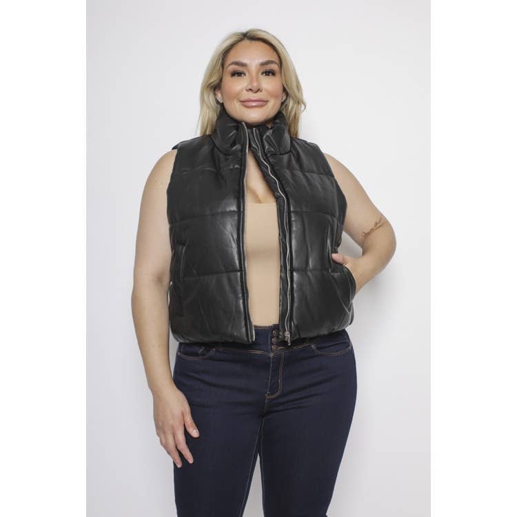 LEATHER QUILTED PUFFER ZIP FRONT VEST