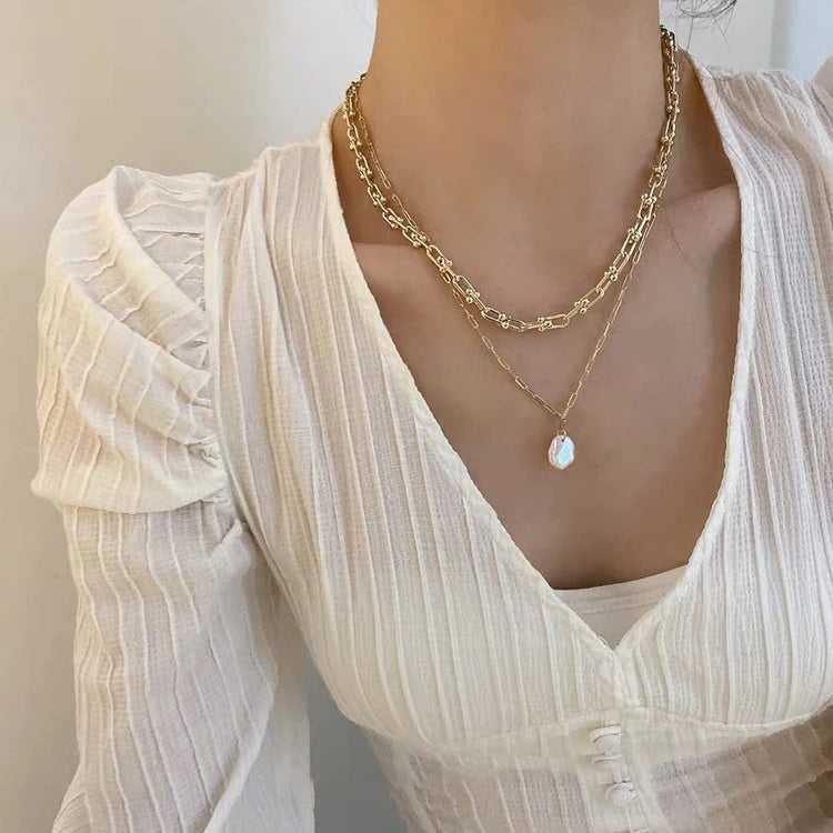 Vintage Irregular Gold Plated Pearl Link Chain Layered Necklace