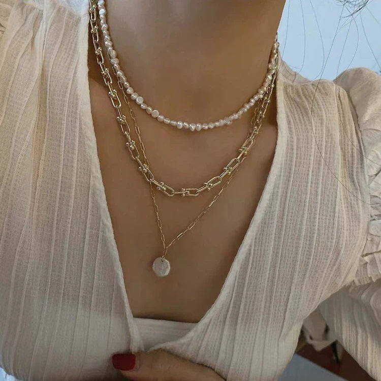 Vintage Irregular Gold Plated Pearl Link Chain Layered Necklace