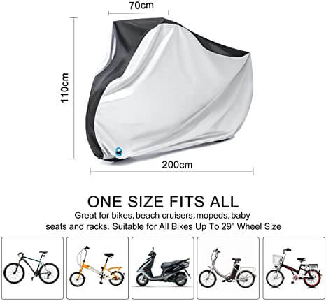 Great Protection for Your Bicycle Hanmir Waterproof Bicycle Cover will give your traveling equipment the protection it needs when out in the elements.  Anti-wind Buckles: Features elastic hem and buckle, storm strap situated at the rear and front to keep the cover in place during windy conditions.  SIZE: 78.7" x 27.5" x 43.3"(L*W*H), with the extra large dimensions to ensure the cover will fit practically any mountain bike, electric bike and city bike up to 29" wheel size.