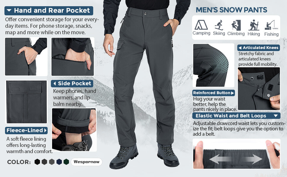 Men's Water-Resistance Fleece Lined Hiking Ski Pants