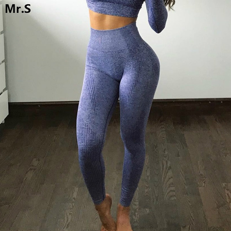 Blue Seamless Tummy Control Yoga Leggings