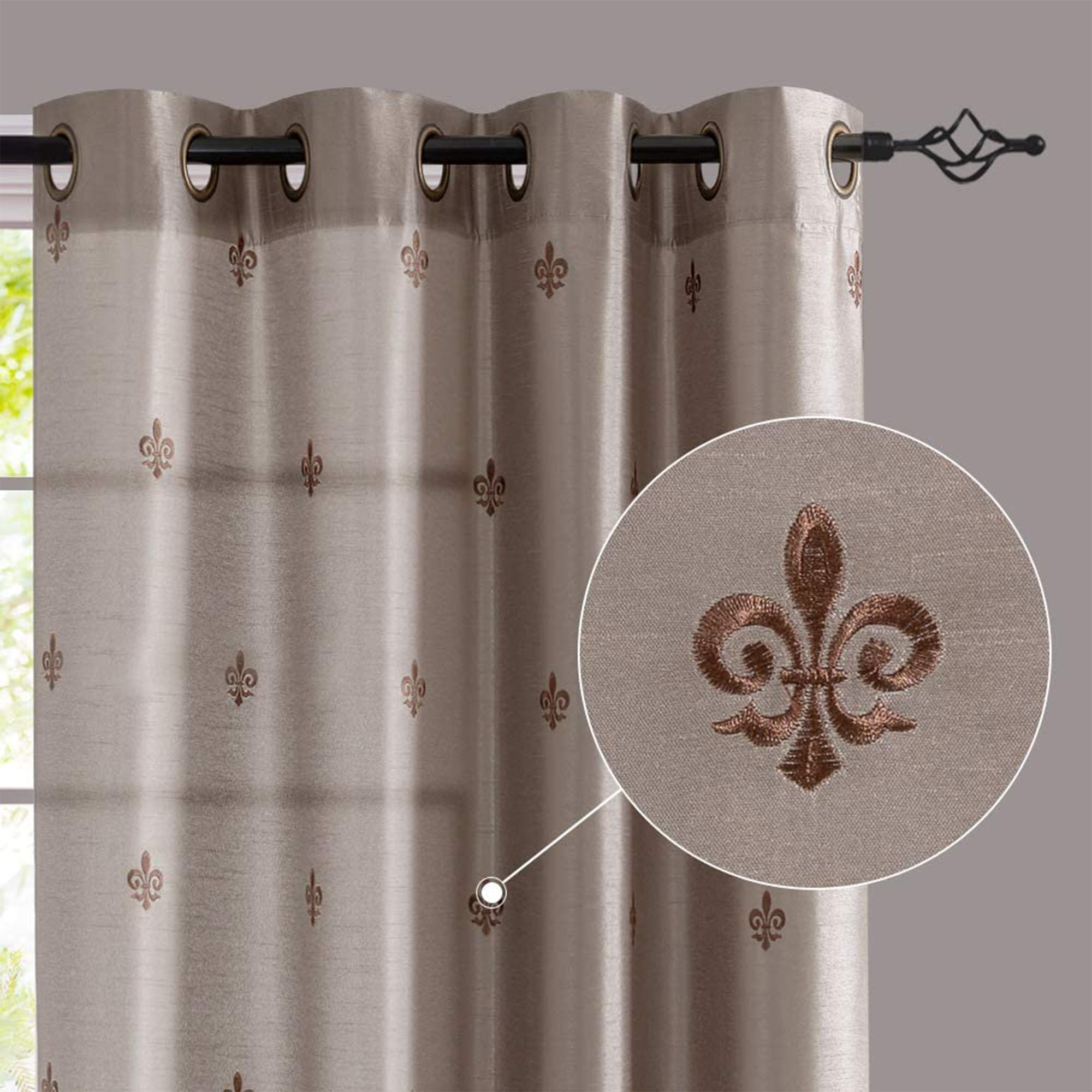 JINCHAN 52 x 84 Inch Grommet Fleur De Lis Flax Linen Curtains, Taupe (2 Panels)