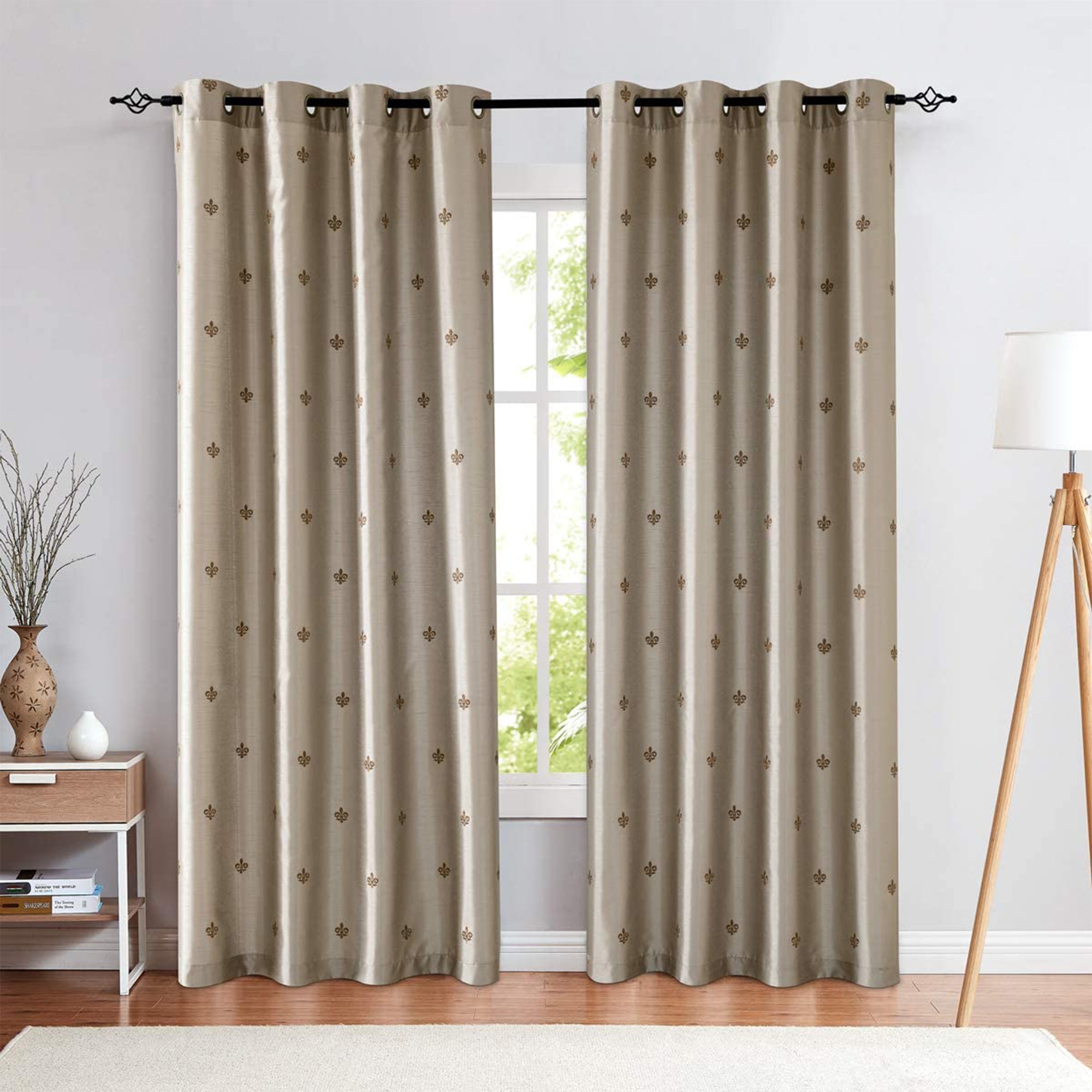 JINCHAN 52 x 84 Inch Grommet Fleur De Lis Flax Linen Curtains, Taupe (2 Panels)