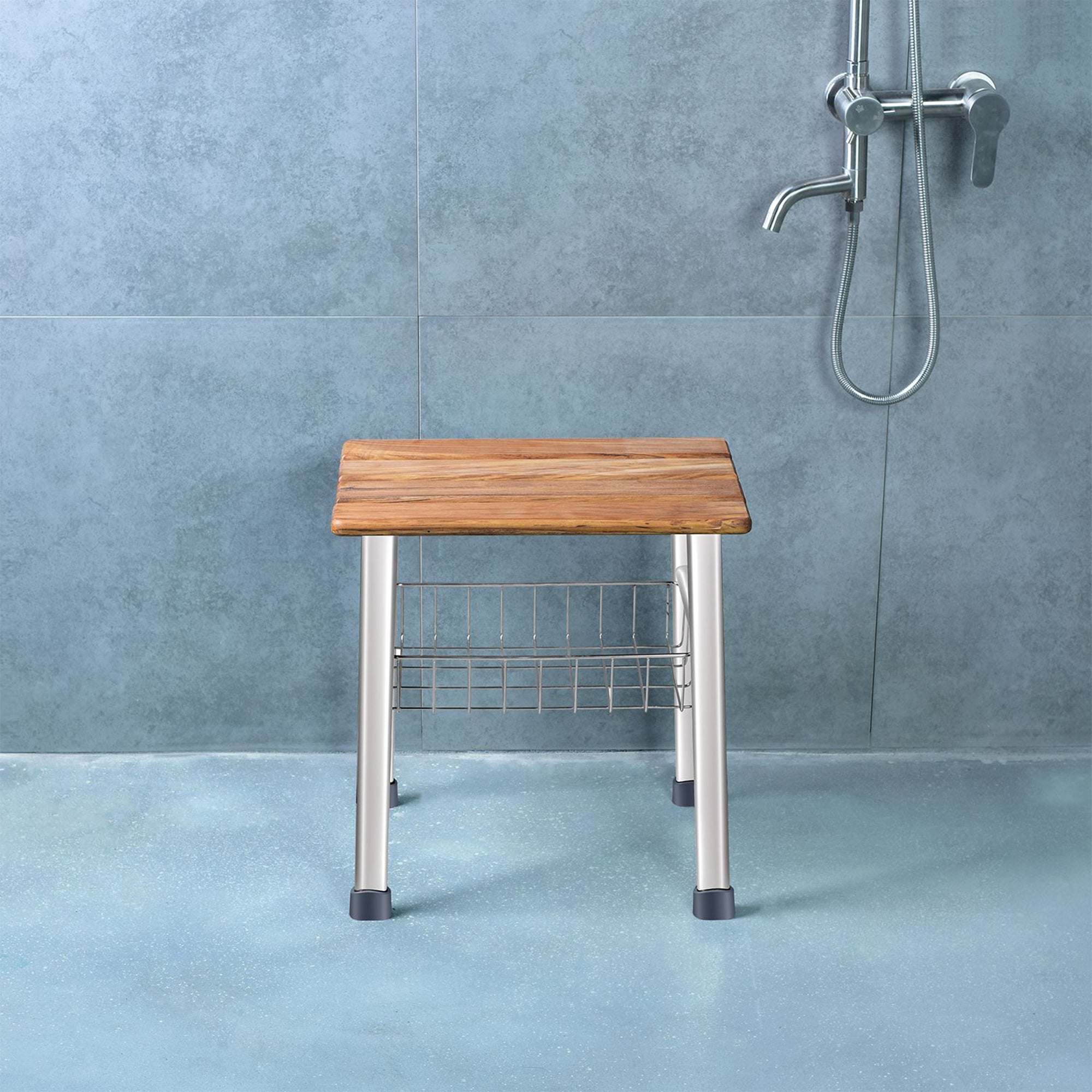 ToiletTree Products Deluxe Bathroom Teak & Stainless Steel Shower Seat Organizer