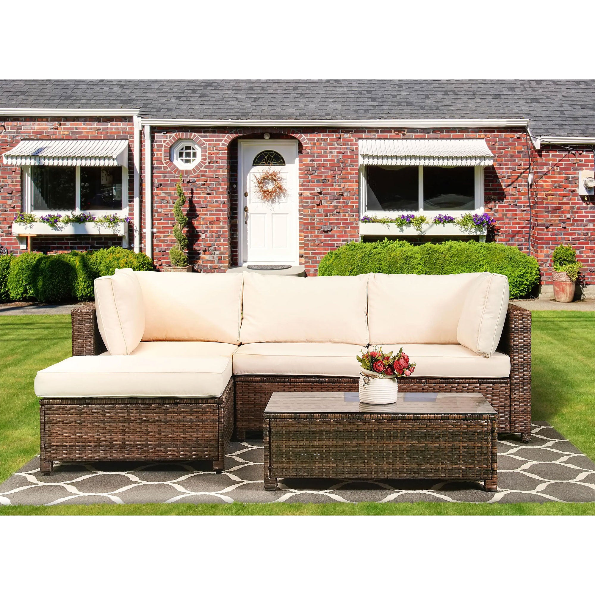 Edyo Living 3-Piece Wicker Modular Patio Furniture Sectional Seating Set, Beige