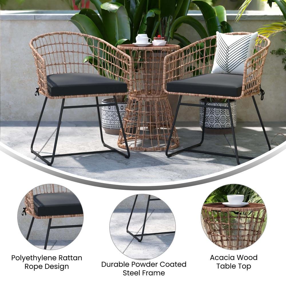 Devon 3-Piece Natural Patio Bistro Set, Indoor/Outdoor Rattan Rope Chairs, Acacia Wood Top Table & Black Seat Cushions
