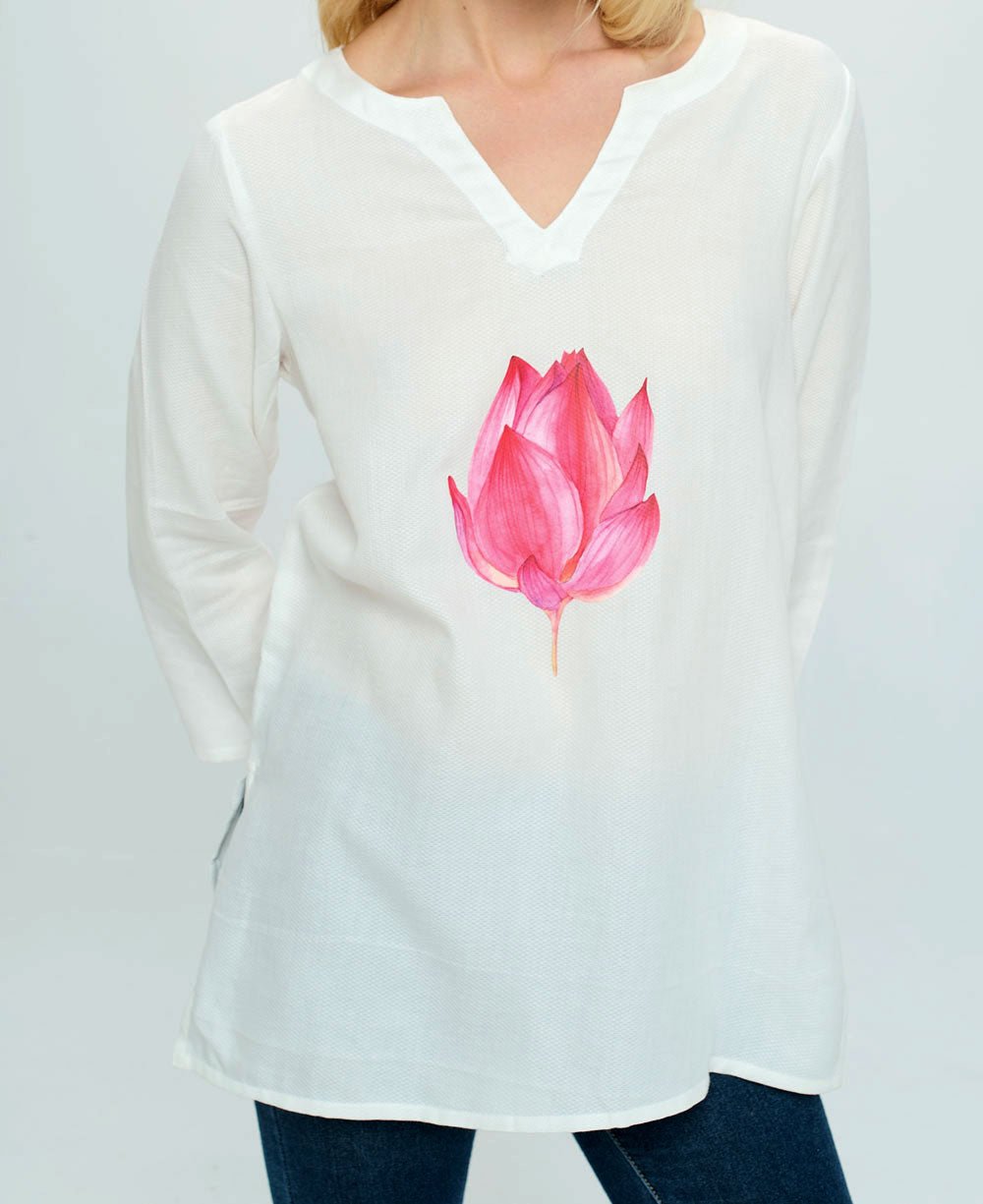 Lotus Design White Woven Cotton Tunic Top