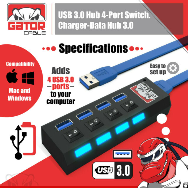 USB 3.0 Hub Charger Switch Splitter Powered AC Adapter 4-Port PC Laptop Desktop
