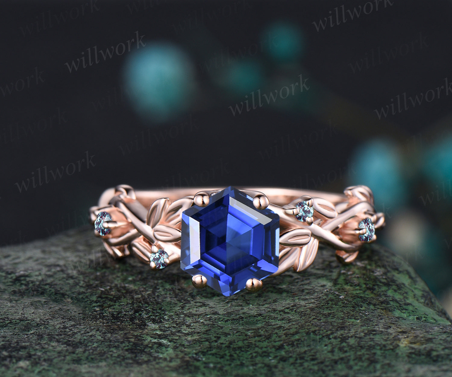 Hexagon Cut September Birthstone Blue Sapphire Engagement Ring Set Leaf Flower Vine Twig Branch Nature Inspired Ring Alexandrite 2pcs Bridal Ring Set