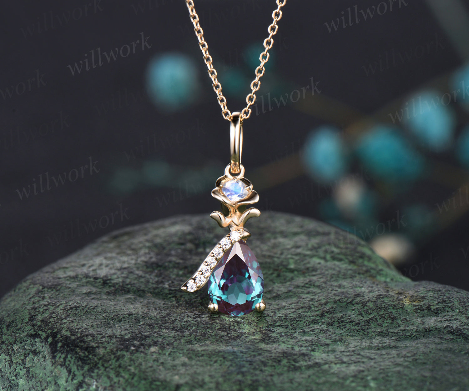 Unique Pear Cut June Birthstone Alexandrite Necklace 14k Yellow Gold Moissanite Moonstone Rose Flower Pendant Birthday Anniversary Gift