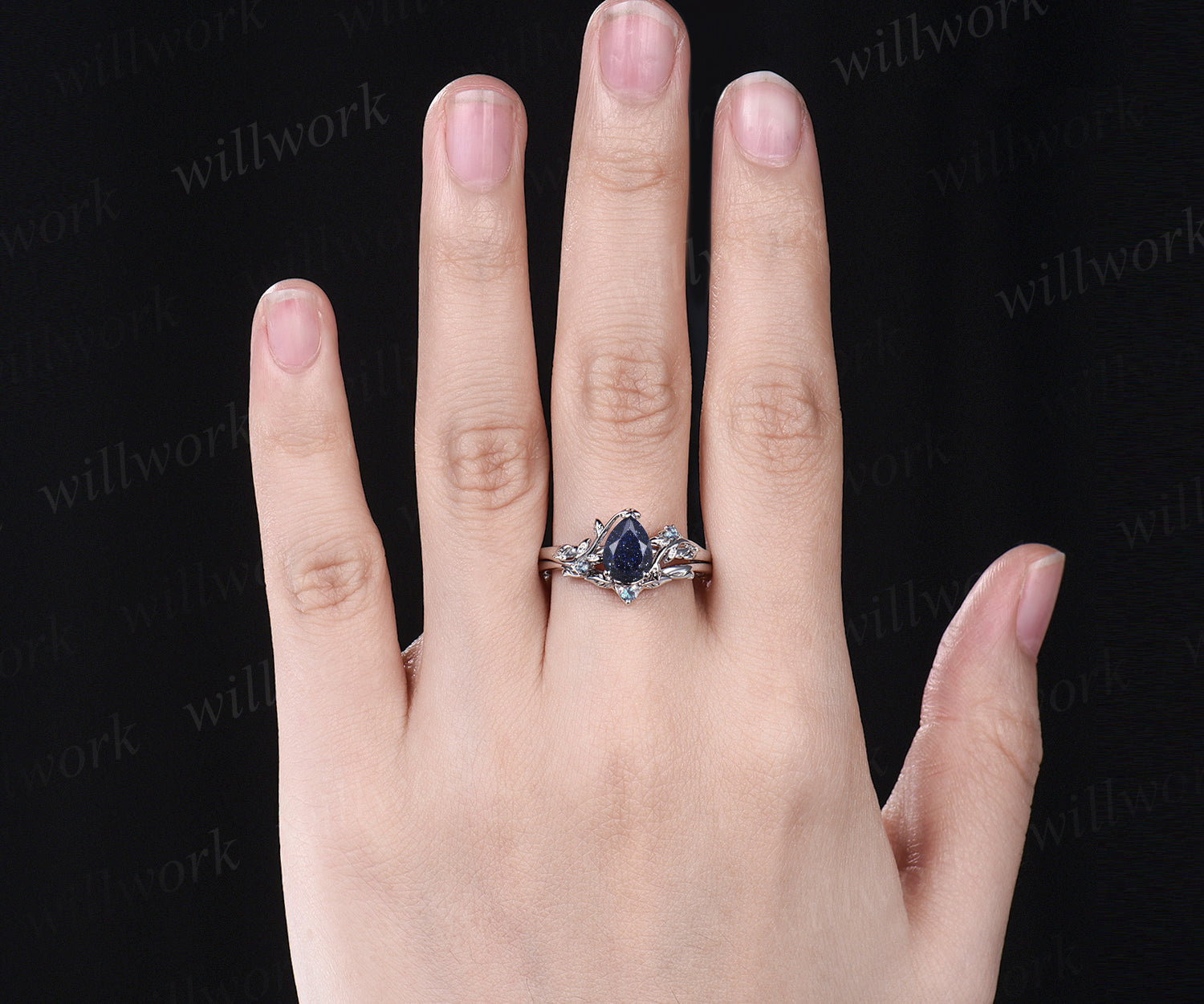 Galaxy Pear Cut Blue Sandstone Engagement Ring Set Unique Alexandrite Wedding Ring Art Deco 14k White Gold Leaf Floral Vine Twig Branch Nature Inspired 2pcs Bridal Anniversary Ring Set Healing Ring