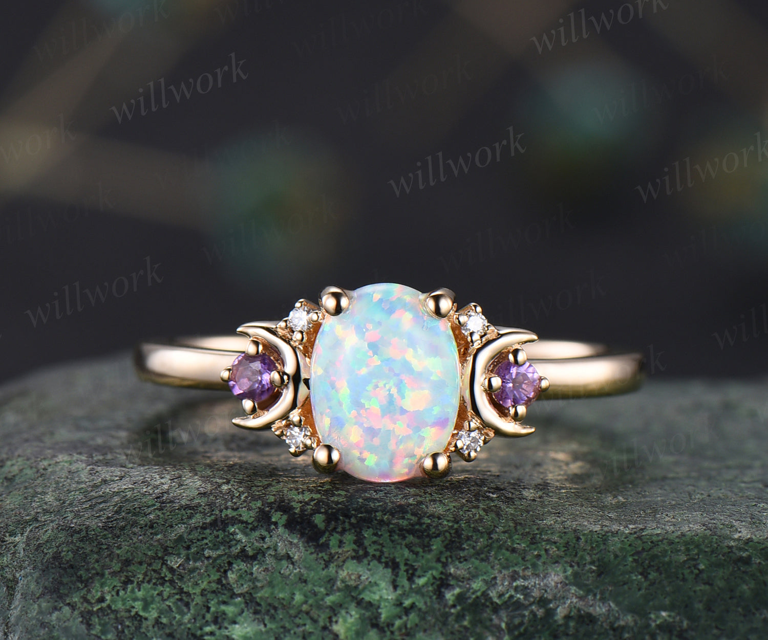 Oval white opal engagement ring retro moon amethyst moissanite deco ring 14k yellow gold unique crescent promise ring October birthtone jewelry gifts