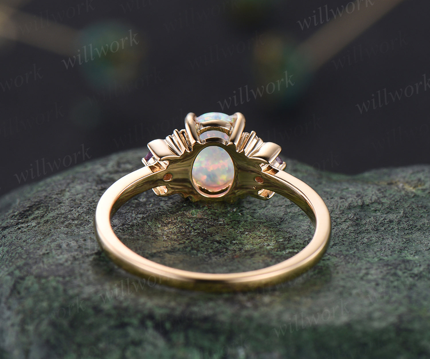 Oval white opal engagement ring retro moon amethyst moissanite deco ring 14k yellow gold unique crescent promise ring October birthtone jewelry gifts