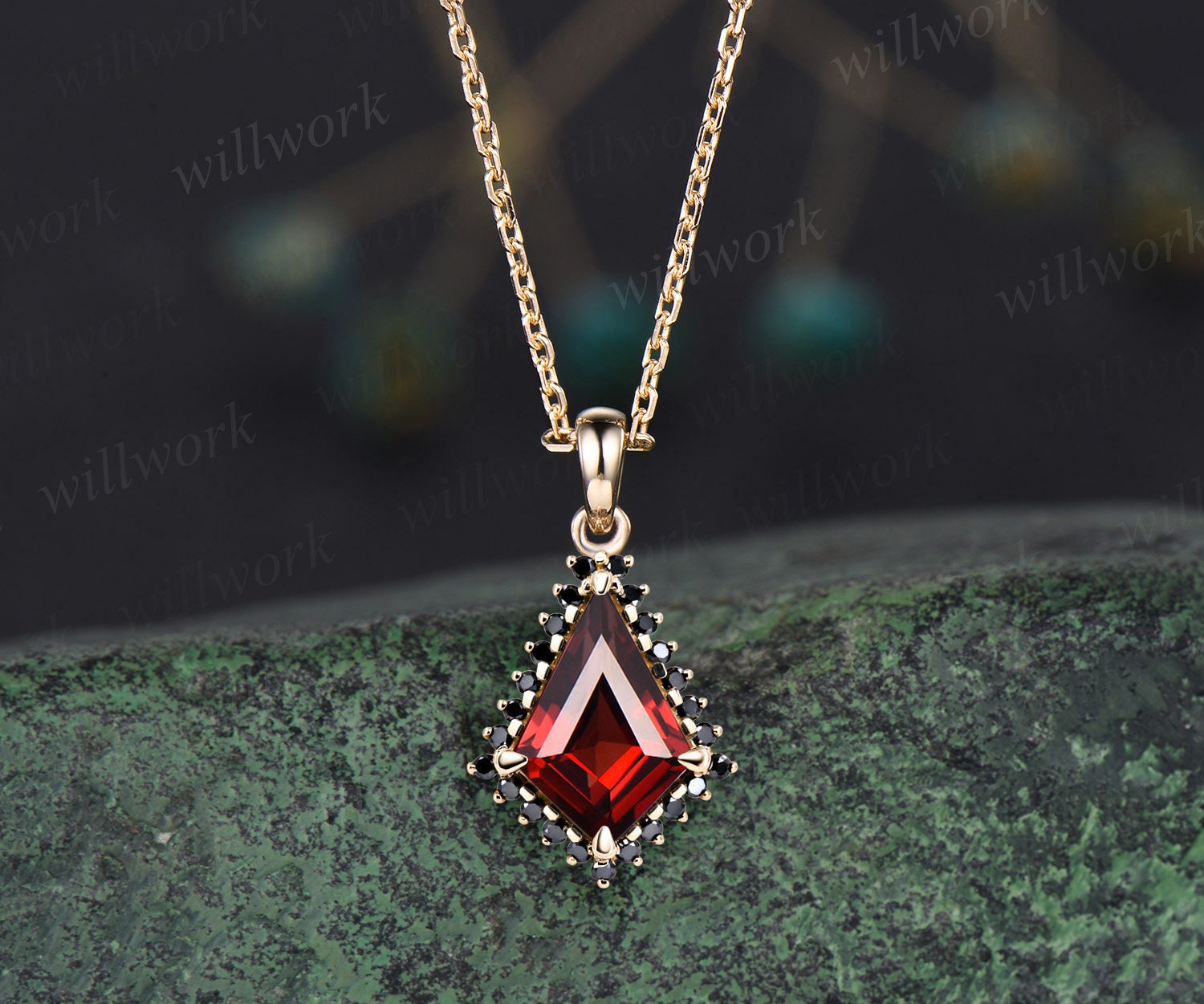 Unique kite cut red garnet necklace solid 14k rose gold halo black diamond pendant for women January birthstone mother anniversary gift