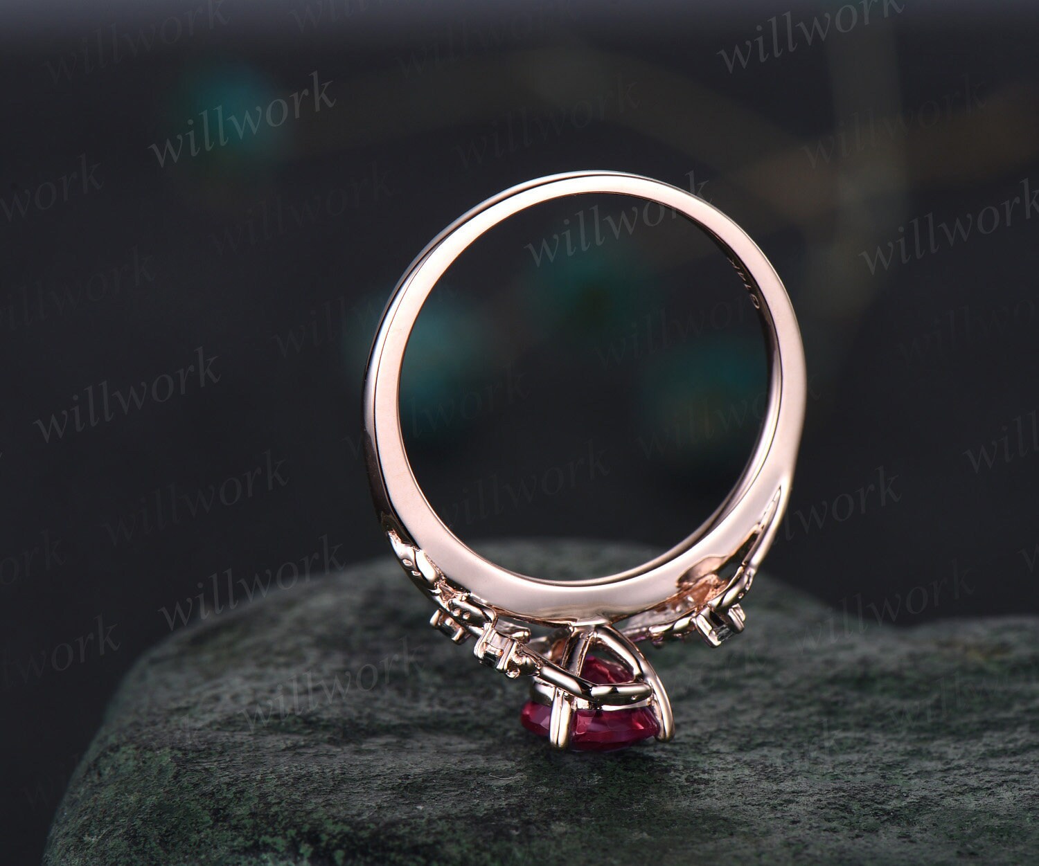 Pear cut red ruby ring vintage art deco five stone black spinel ring twig leaf unique engagement ring women rose gold anniversary ring gift