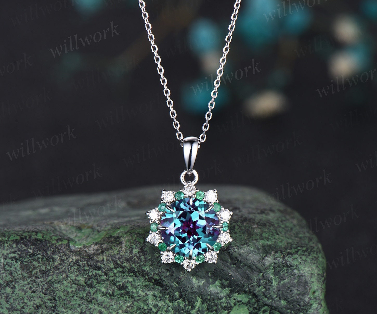 Vintage 2ct round cut alexandrite necklace white gold 8 prong halo natural emerald diamond pendant women June birthstone promise bridal gift