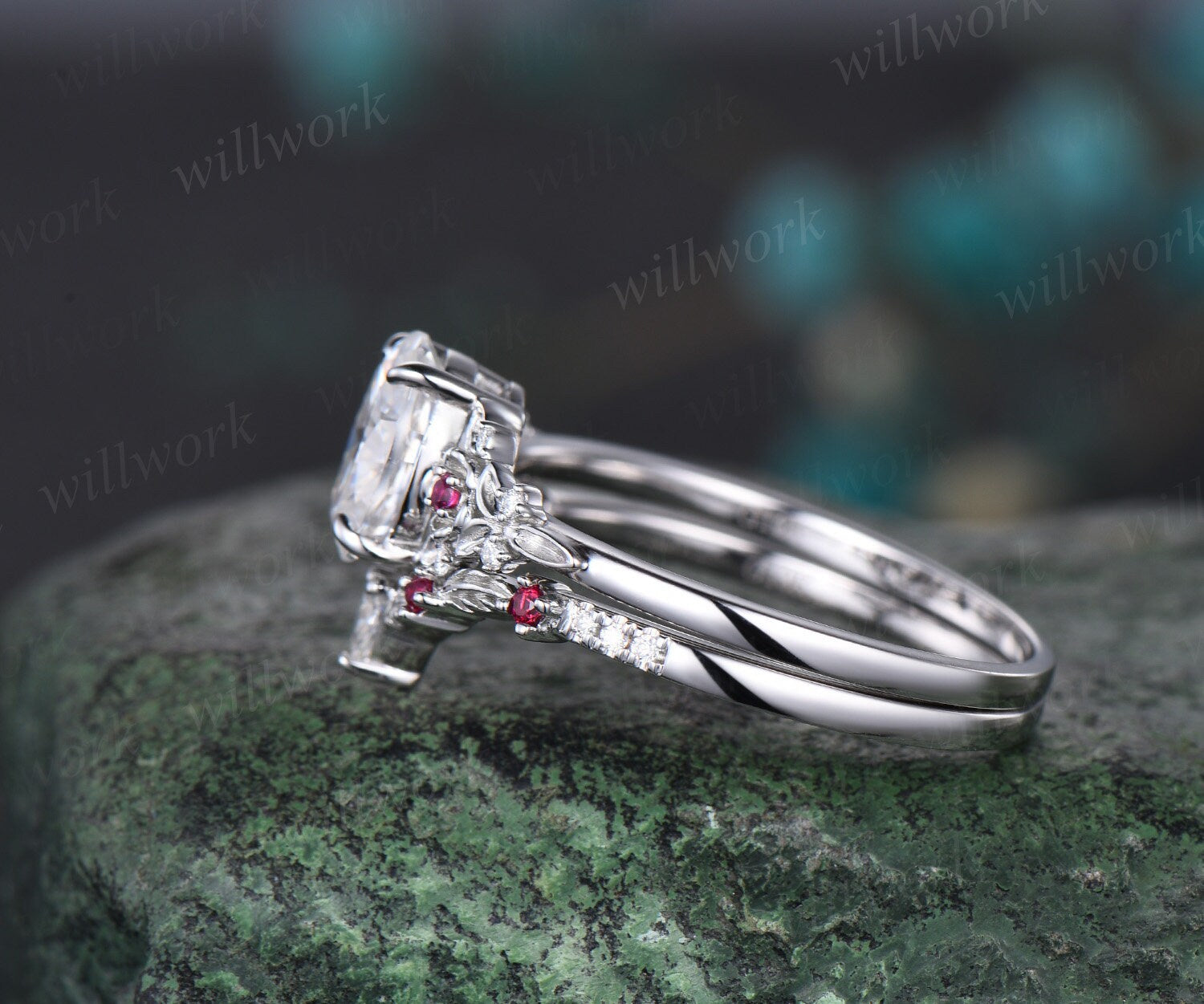 Vintage oval cut moissanite engagement ring 14k white gold twig leaf floral unique ruby diamond promise bridal wedding ring set women gift