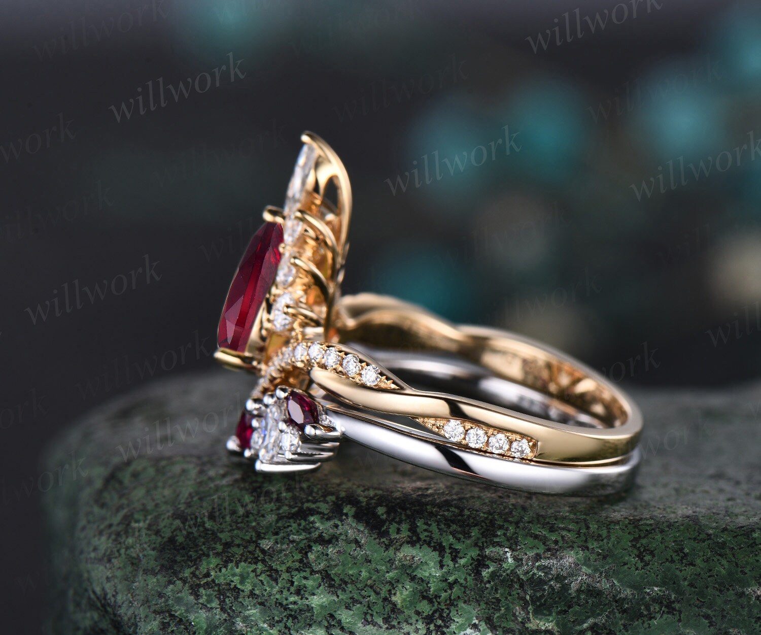 Vintage pear cut red ruby engagement ring 14k yellow gold twisted halo diamond ring jewelry unique promise wedding ring set women gift