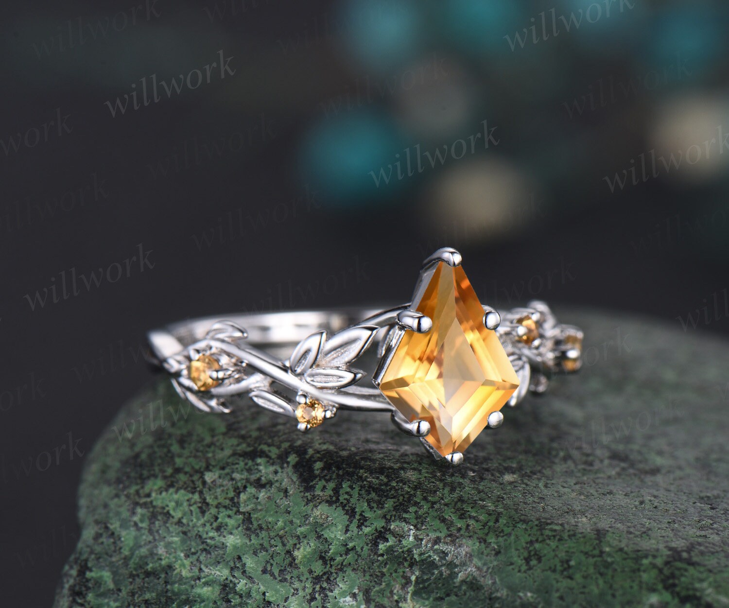 Vintage kite cut yellow citrine engagement ring white gold five stone leaf Nature inspired Crystal gemstone anniversary ring women gift