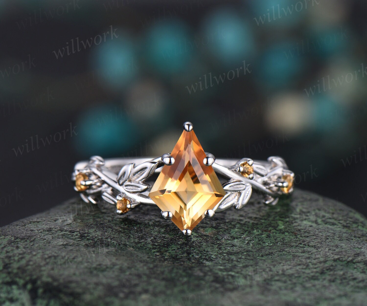 Vintage kite cut yellow citrine engagement ring white gold five stone leaf Nature inspired Crystal gemstone anniversary ring women gift