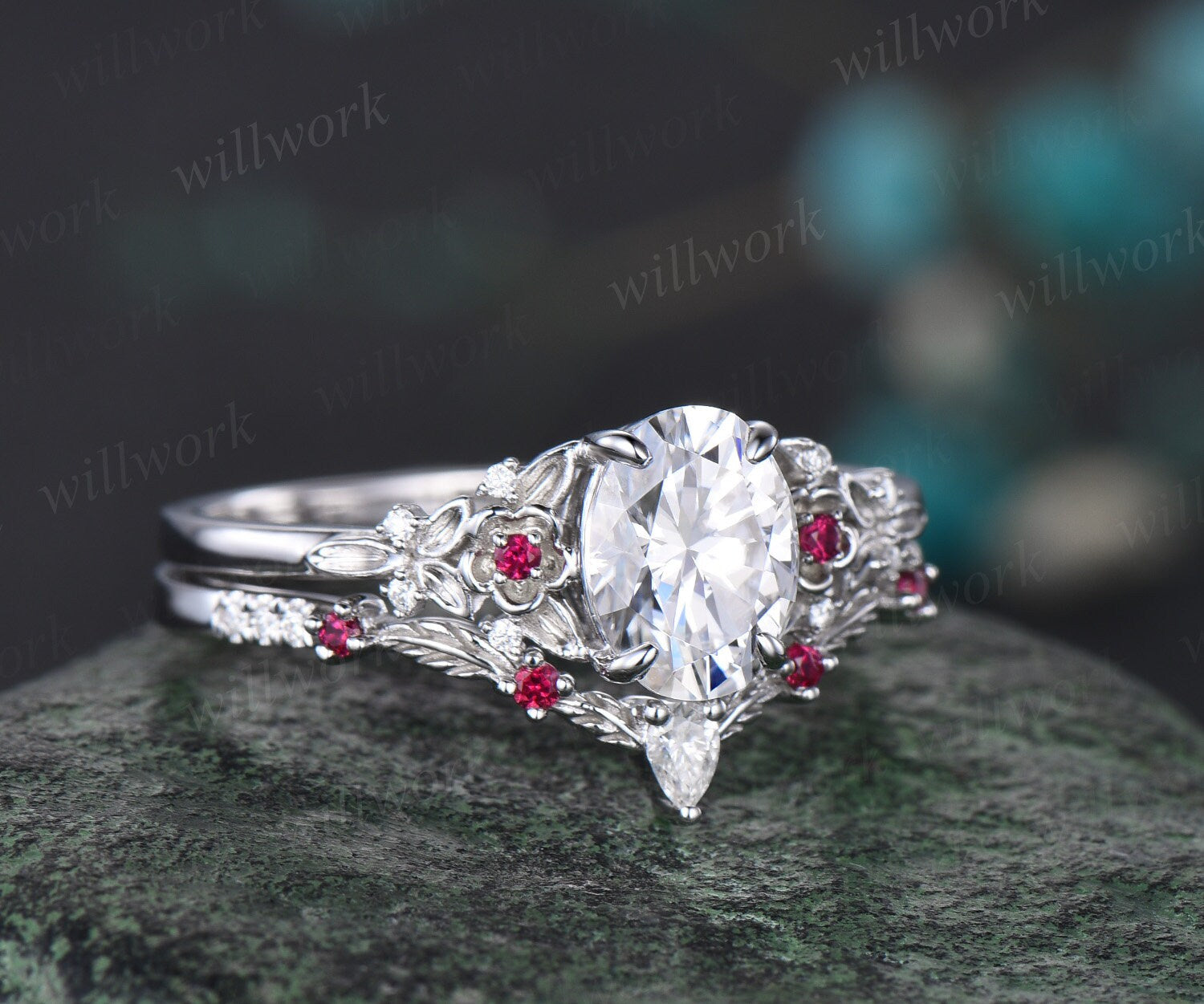 Vintage oval cut moissanite engagement ring 14k white gold twig leaf floral unique ruby diamond promise bridal wedding ring set women gift