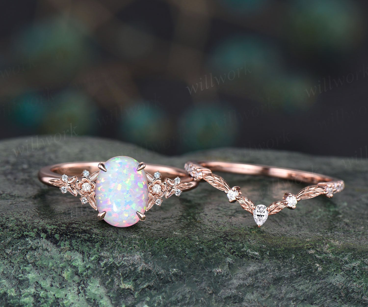 Vintage oval white opal engagement ring solid 14k rose gold leaf floral nature inspired diamond ring women unique bridal wedding ring set