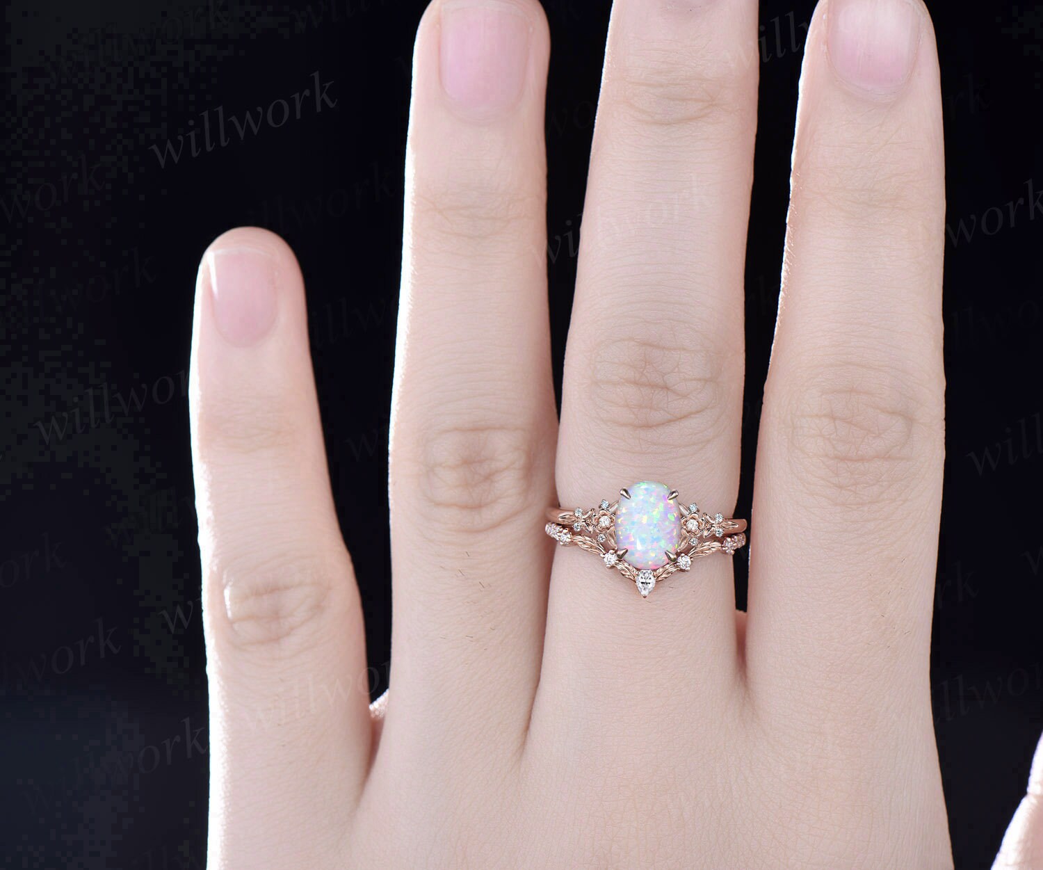 Vintage oval white opal engagement ring solid 14k rose gold leaf floral nature inspired diamond ring women unique bridal wedding ring set