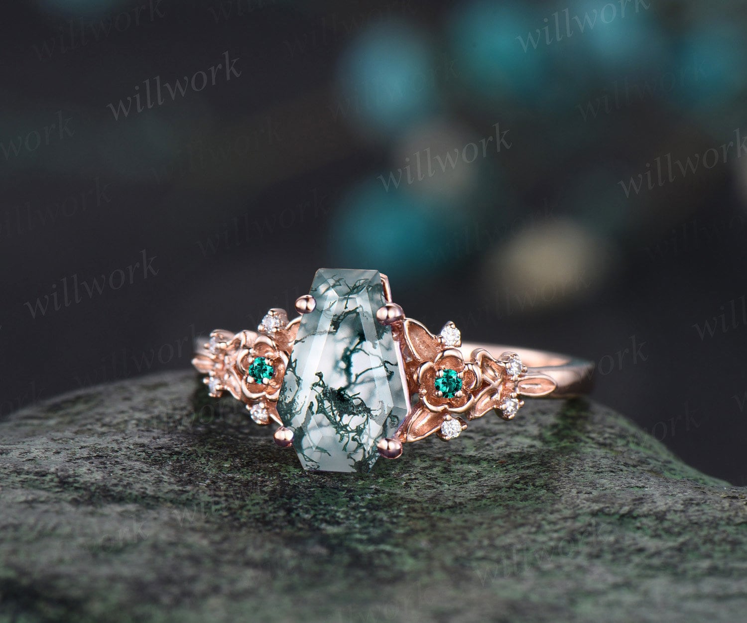 Vintage coffin cut green moss agate engagement ring rose gold twig leaf floral antique unique cluster diamond wedding ring set women gift