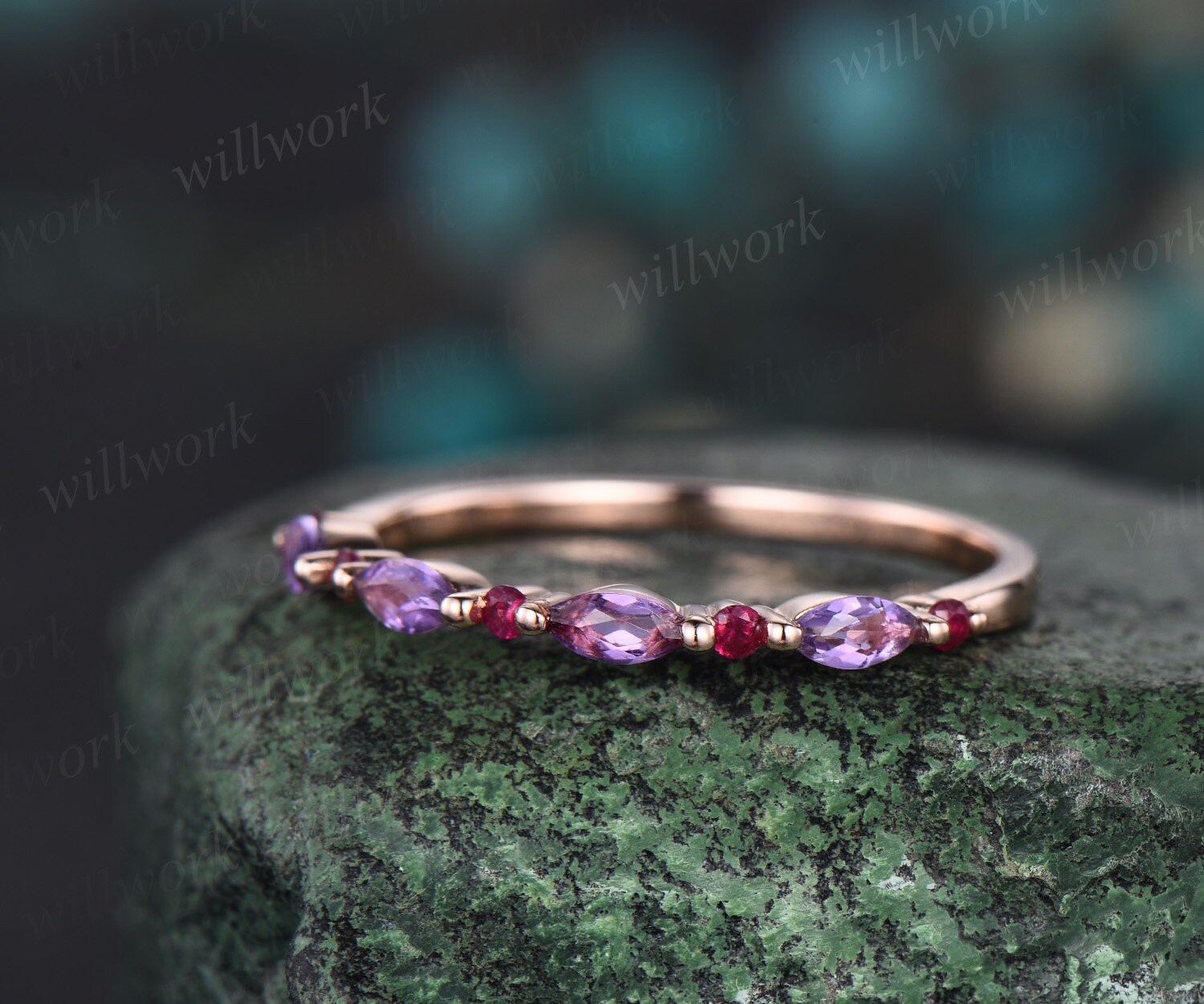 Natural red ruby Marquise cut amethyst wedding band solid 14k rose gold dainty stacking matching anniversary ring women gift