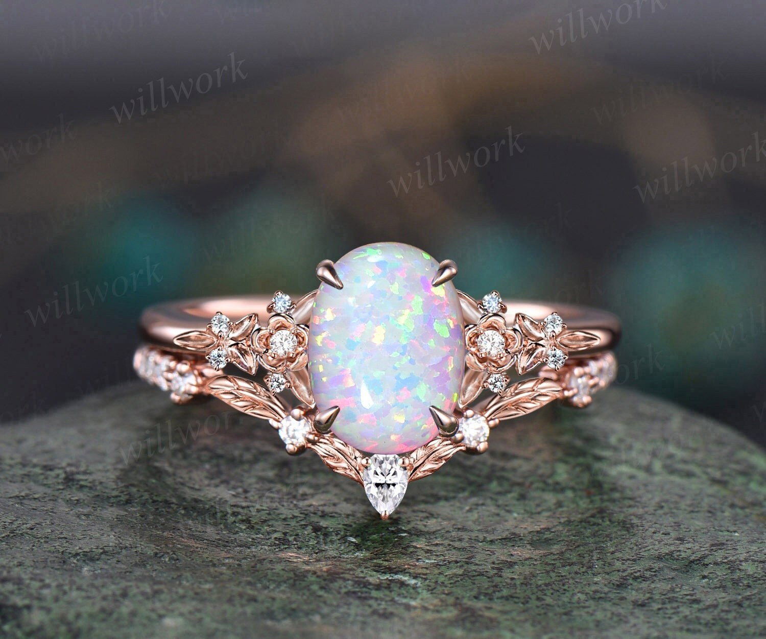 Vintage oval white opal engagement ring solid 14k rose gold leaf floral nature inspired diamond ring women unique bridal wedding ring set