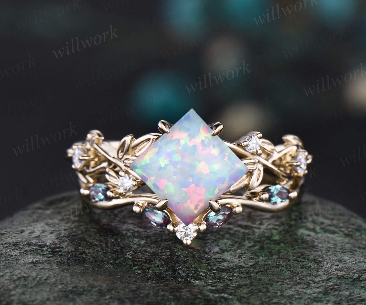 Princess white opal engagement ring set 14k rose gold five stone leaf branch Nature inspired alexandrite diamond bridal ring set women gift